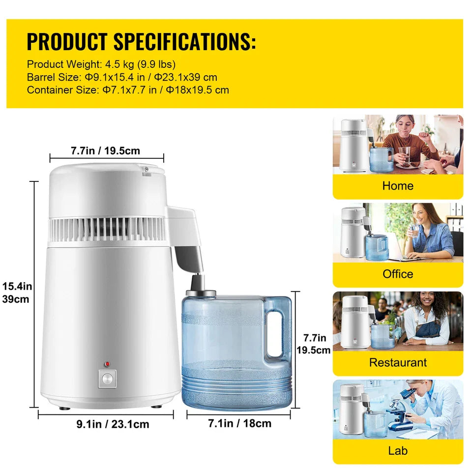 4L Water Distiller 750W Stainless Steel Countertop Pure Water Unit
