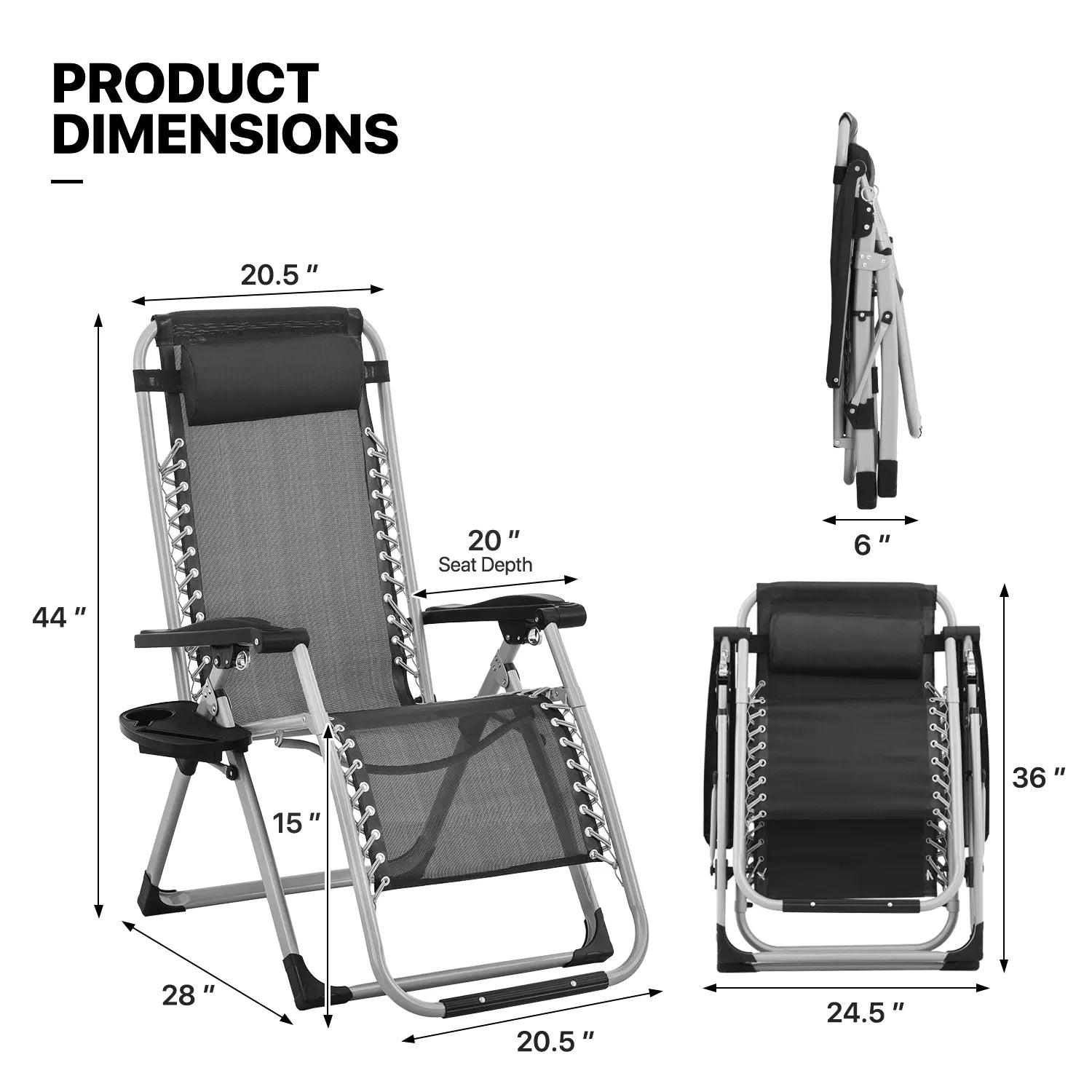 Black Zero Gravity Foldable Recliner Chair with Cushion and Tray