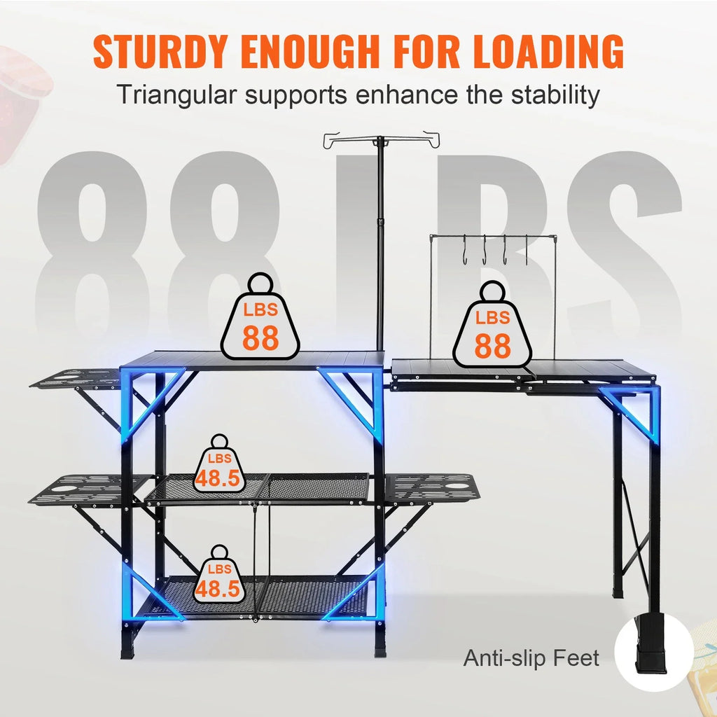 Camping Kitchen Table with Sink, Foldable Shelves & Aluminum Frame