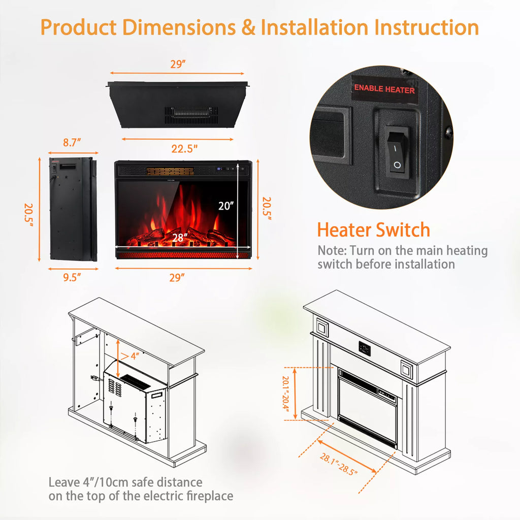 28" Recessed Electric Fireplace Heater 900W-1350W