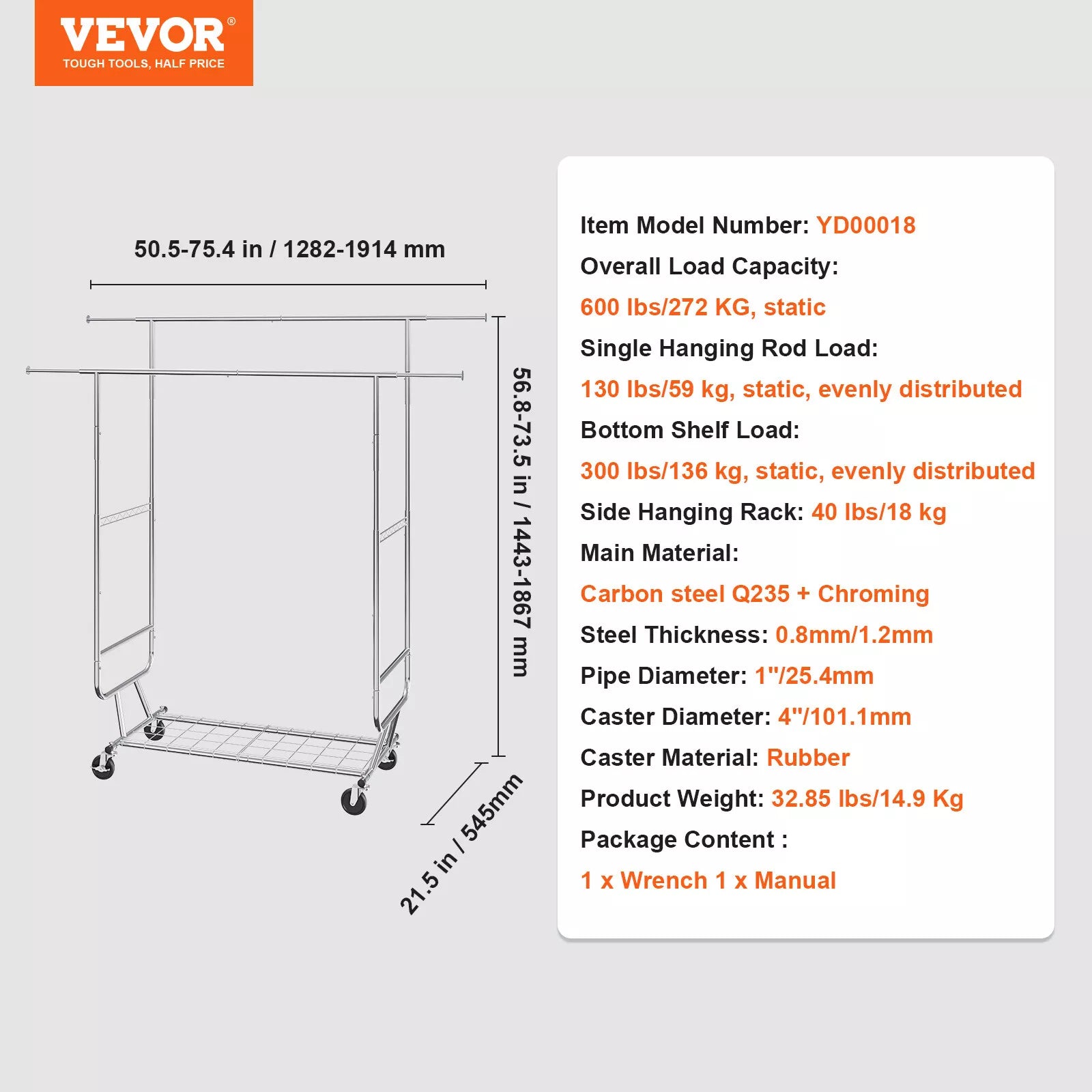Heavy-Duty Garment Rack Adjustable Double Rods 600 lbs Load