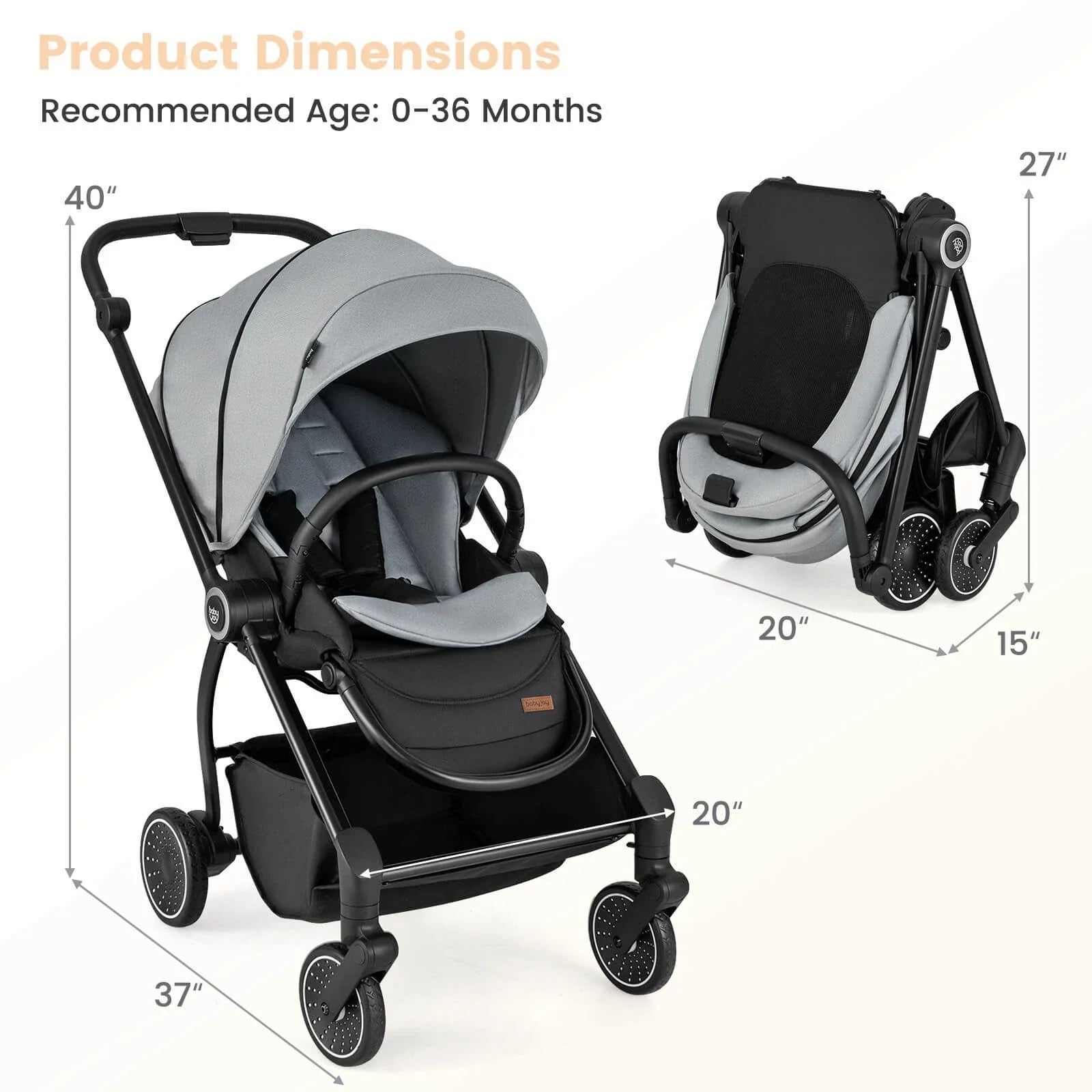 Foldable Baby Stroller with Reclining Backrest & Adjustable Handle