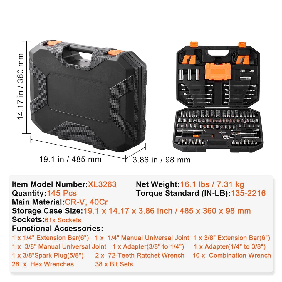 145-Piece SAE & Metric Socket Tool Set with Storage Case