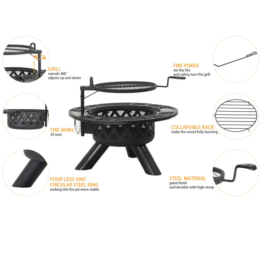 Outdoor Wood Fire Pit 32 Inch BBQ Grill Swivel Cooking Patio Heater