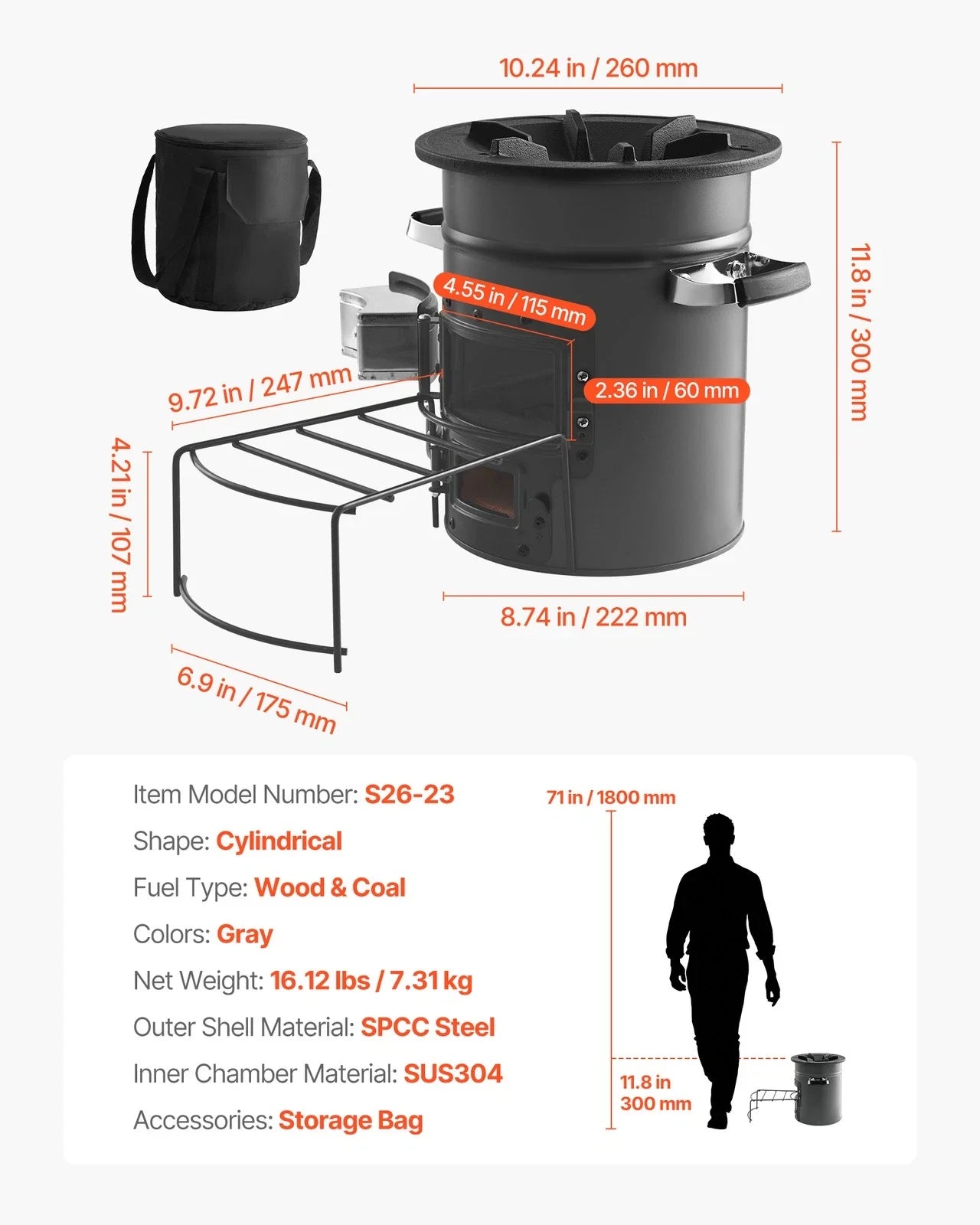 Camping Stove Portable Wood Charcoal Cooker Double Door