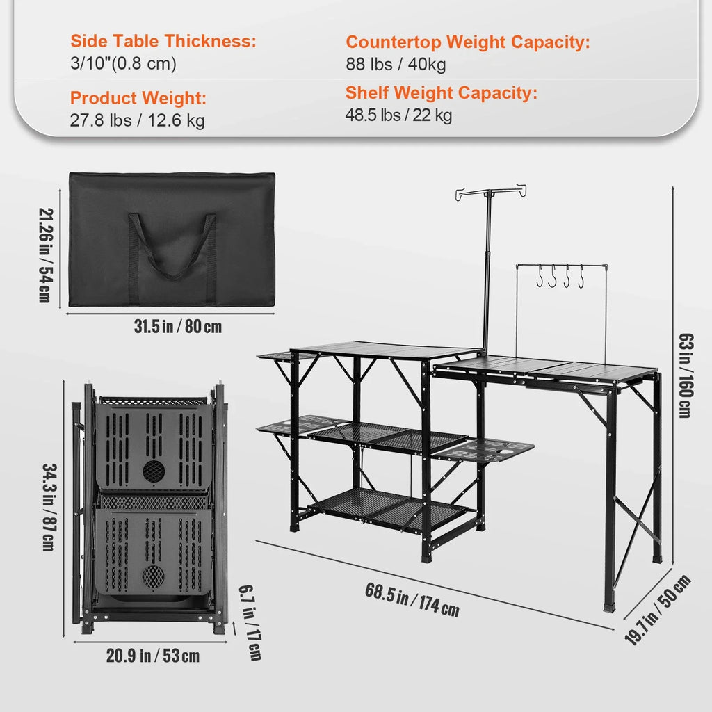 Camping Kitchen Table with Sink, Foldable Shelves & Aluminum Frame