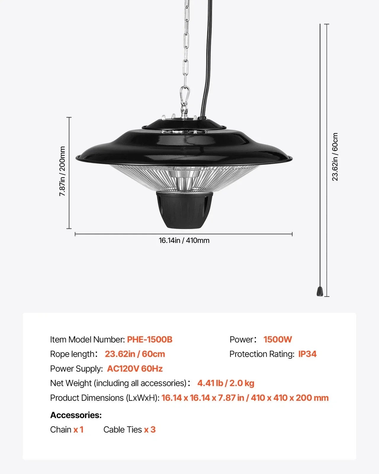 1500W Infrared Hanging Patio Heater Outdoor Ceiling Mount Warmth