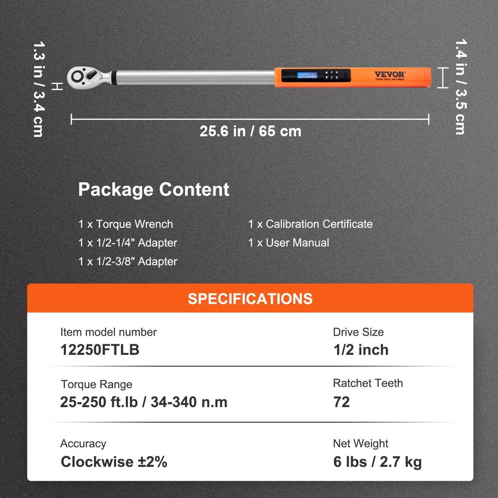 High-Accuracy Digital Torque Wrench 1/2" Drive 25-250 ft.lb