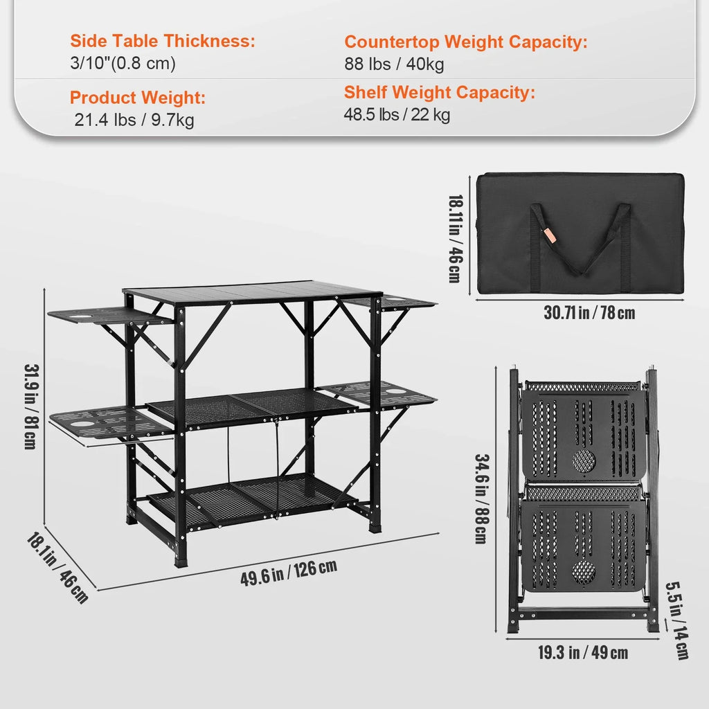 Portable Camping Kitchen Table with 5 Foldable Tables & 2 Storage Shelves