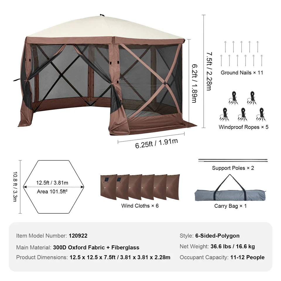 12.5x12.5 FT Pop-Up Camping Gazebo Tent with Mesh and Wind Panels