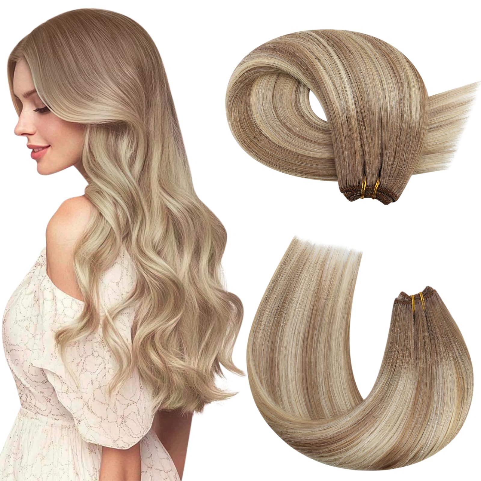Moresoo Blonde Human Hair Weft Balayage Light Brown with Platinum Blonde Double Weft Hair Extensions Sew in Human Hair 18 Inch 100g/Pack #8/22/8