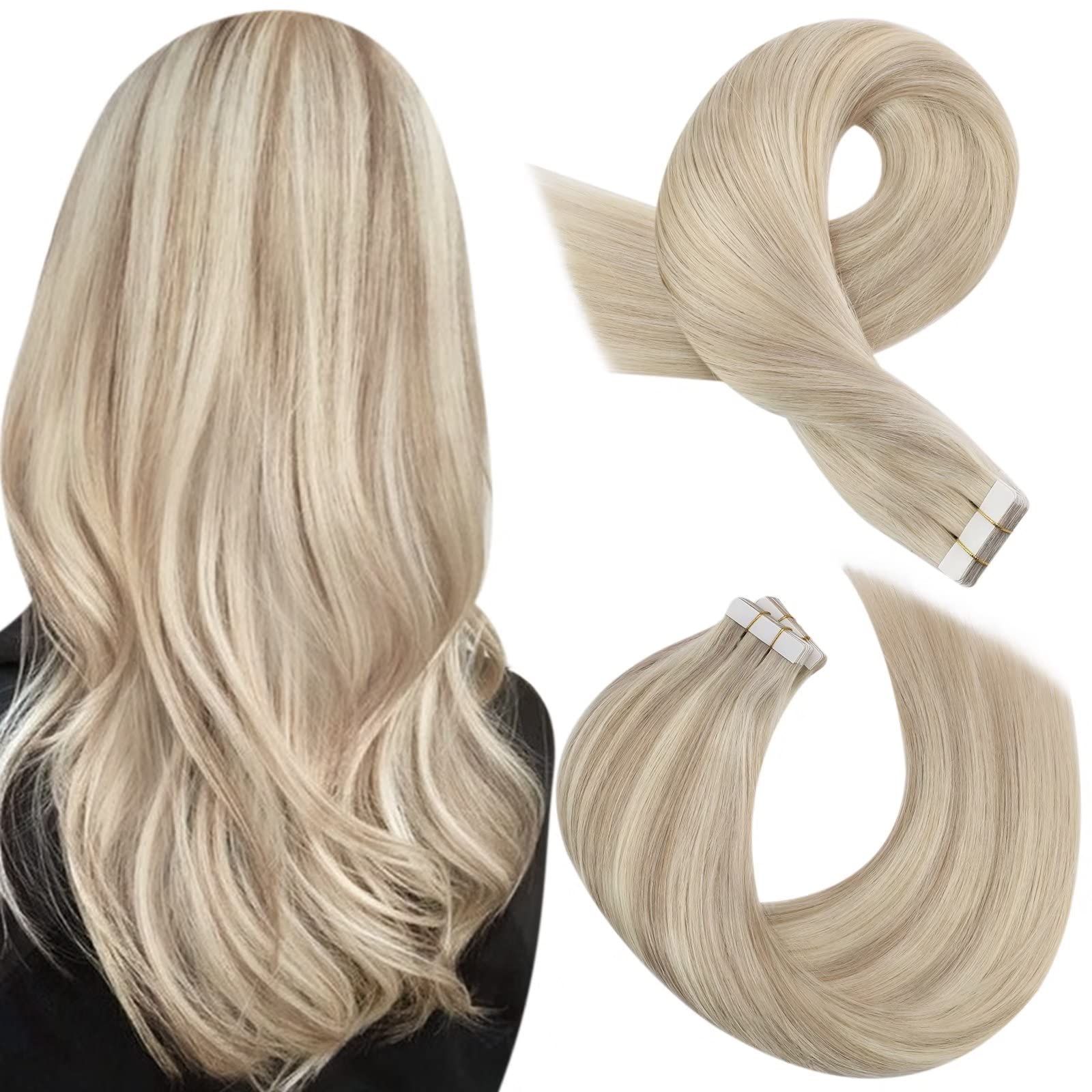 20 Inch Tape Hair Extensions Blonde Tape In Human Hair Ash Blonde with Platinum Blonde Real Hair Extensions Tape in Remy Hair 50g/20Pcs #P18/613