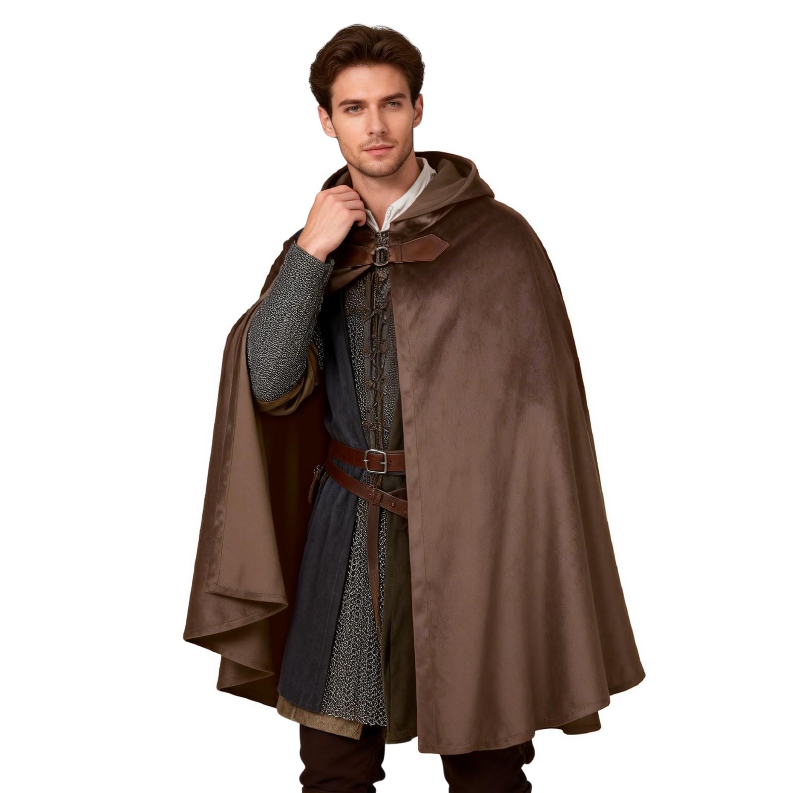 Medieval Cloak with Hood Adults Renaissance Cape Cosplay LARP Costume – Brown 80cm