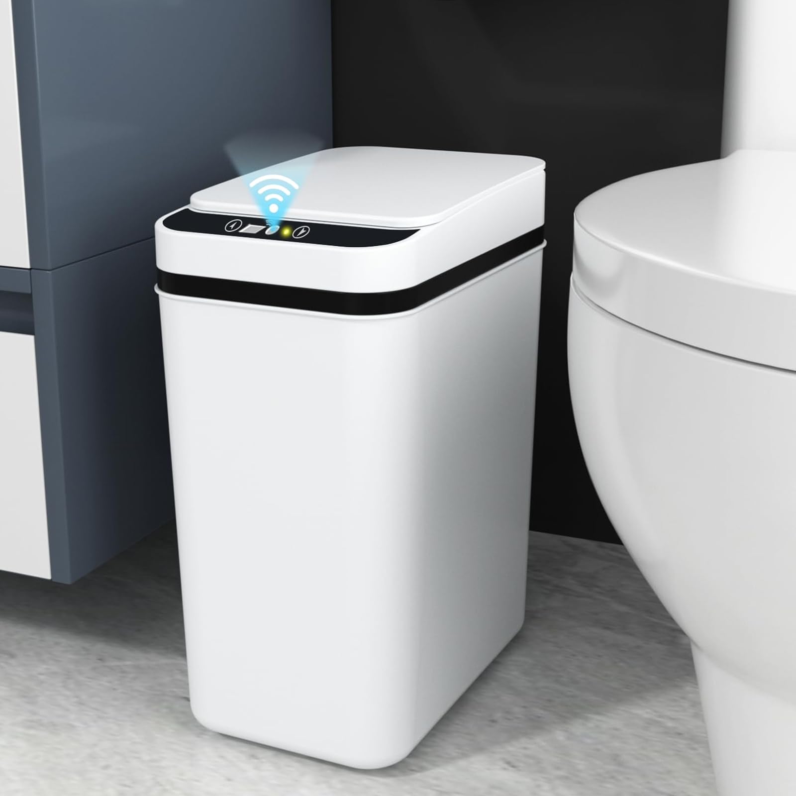 Bathroom Bin 12L Sensor Trash Bin with Lid, Automatic Garbage Can, Slim Plastic Smart Touchless Trash Can, Waterproof Intelligent Trash Bin for Bedroom Bathroom Toilet Kitchen Office (Rectangular)