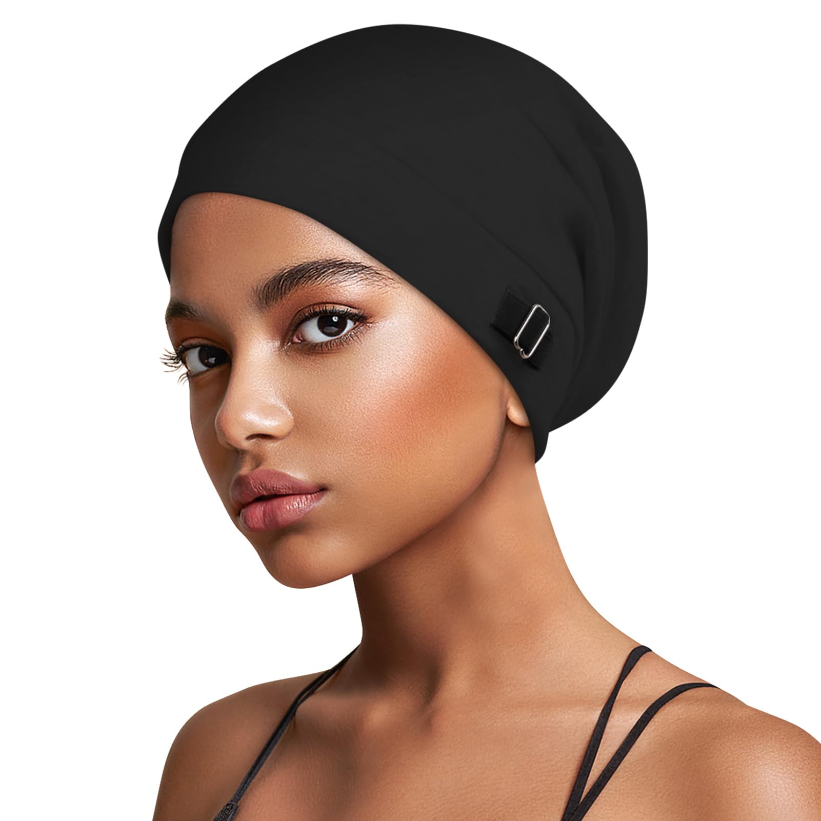 Satin Bonnet Sleep Cap Unisex Adjustable Satin-Lined Beanie Hair Cover – Black