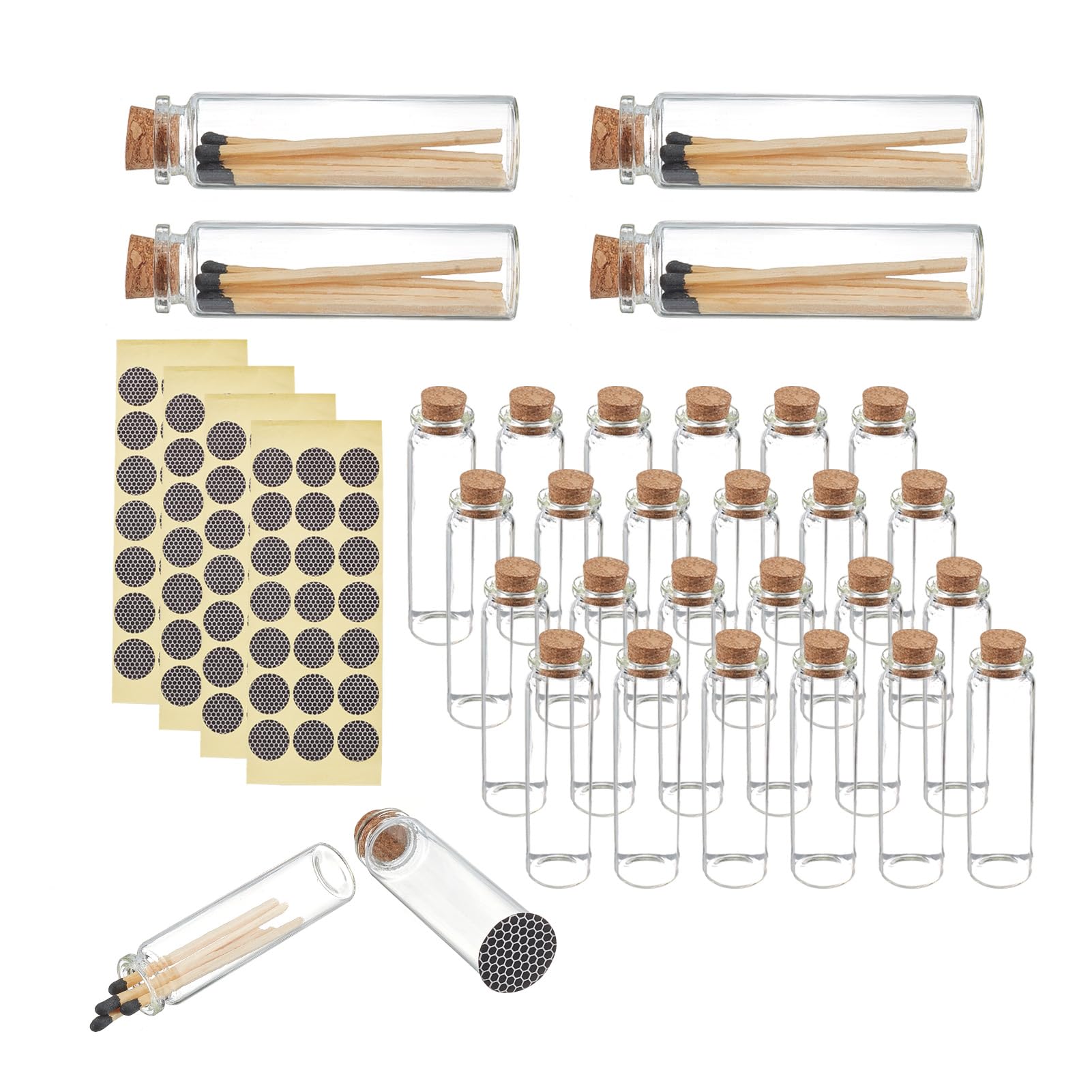 Bulk Empty Match Jars with Cork Tops 24-Pack + 84 Striker Stickers – Clear Glass