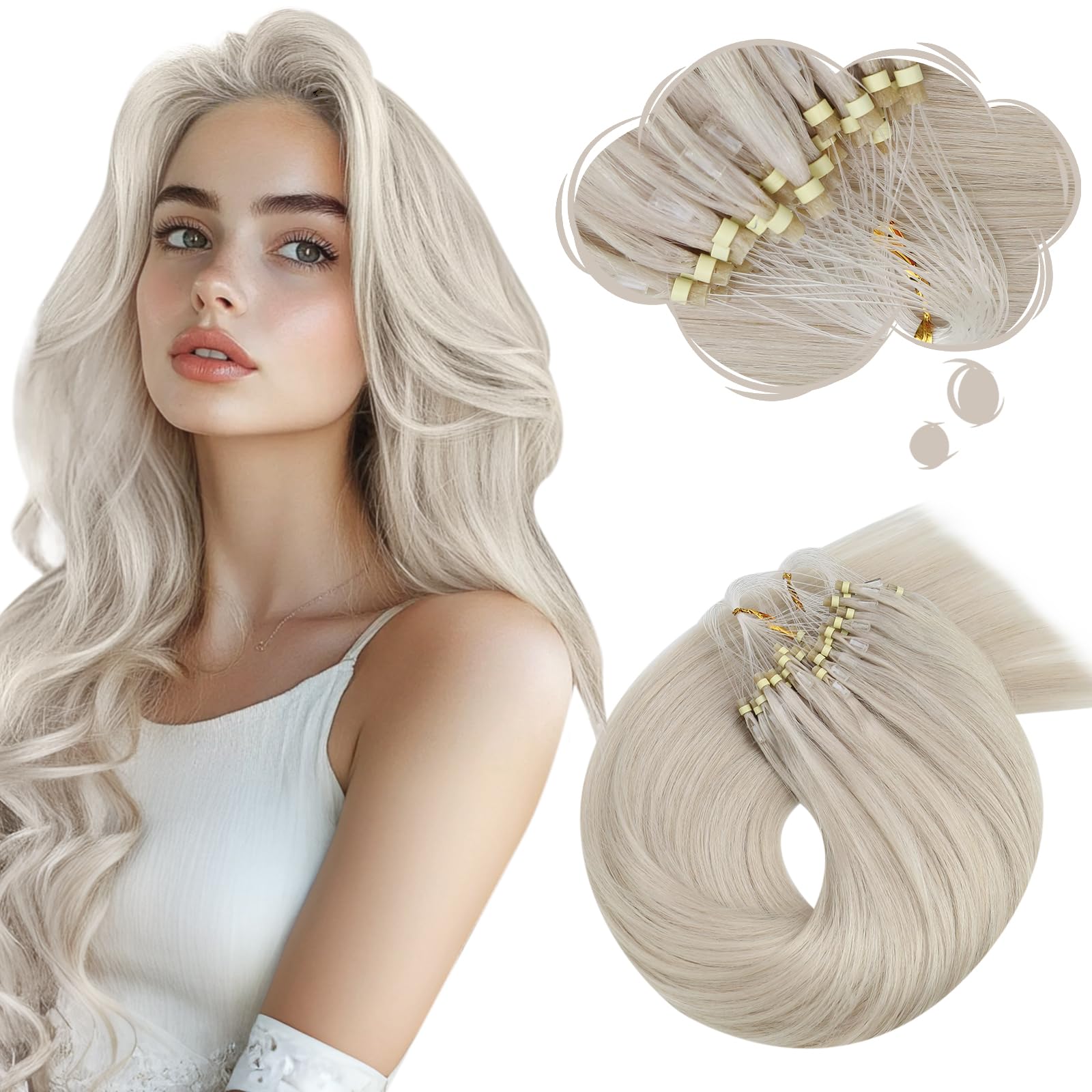 Moresoo Microbeads Hair Extensions Human Hair Blonde Micro Ring Hair Extensions White Blonde Micro Loop Hair Extensions Real Human Hair 1g/s 50g/Pack #60A 18 Inch