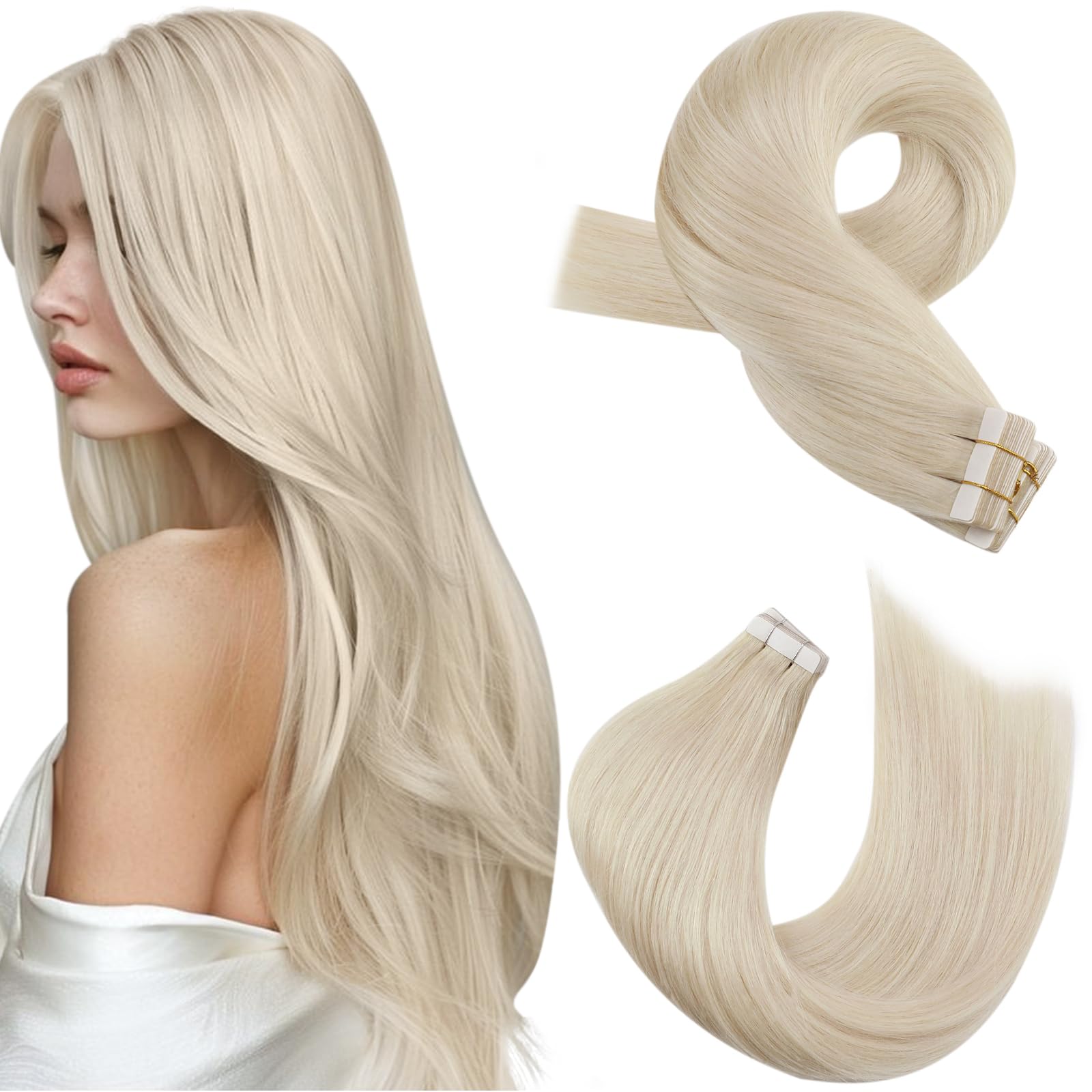 Moresoo Blonde Tape Hair Extensions Human Hair Platinum Blonde Real Human Hair Tape in 24 Inch Tape in Remy Hair Extensions Invisible Hair #60 20 Pieces/50g