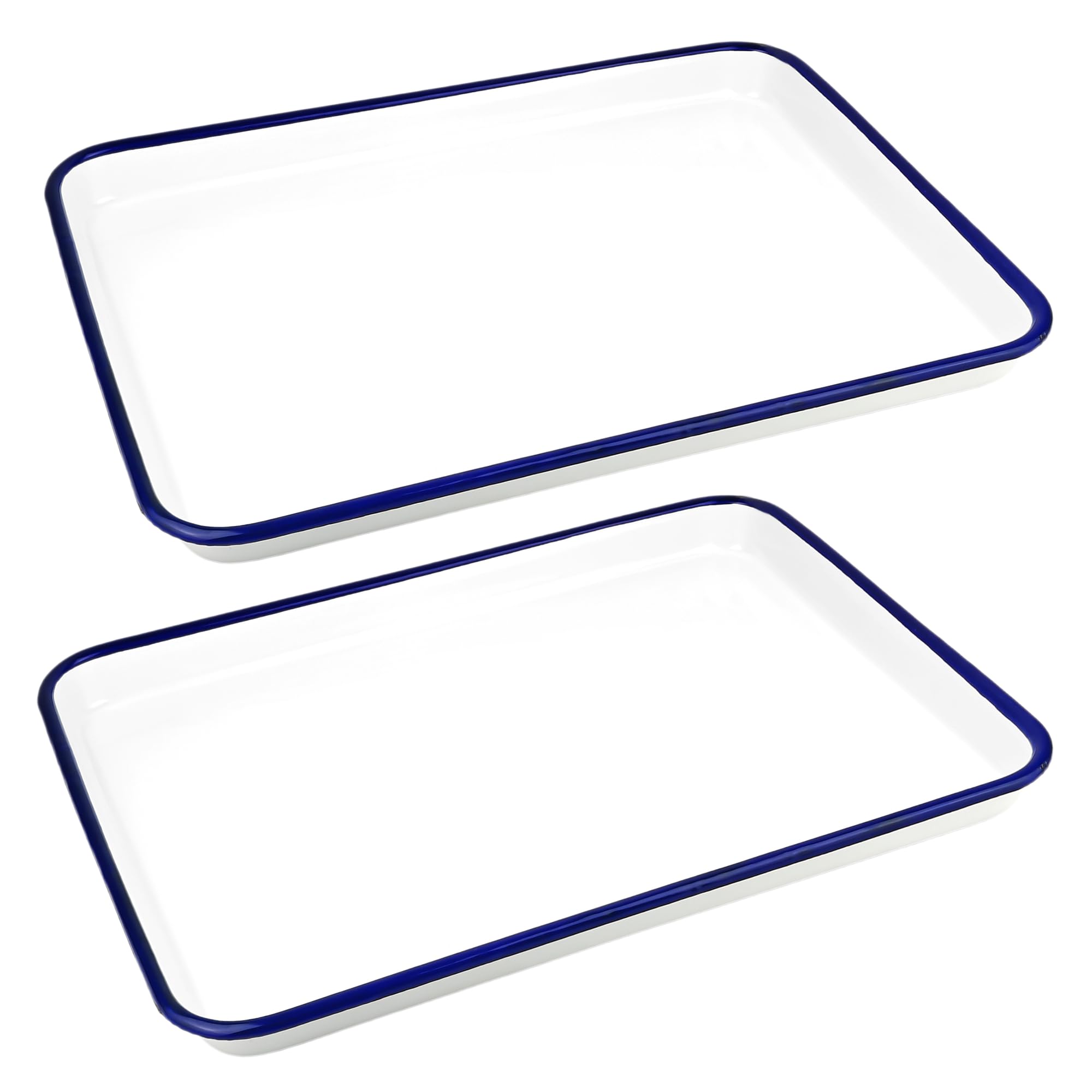 Enamel Baking Tray Set 2 Pack Rectangular Bake Pan 38x28cm – White with Blue Rim