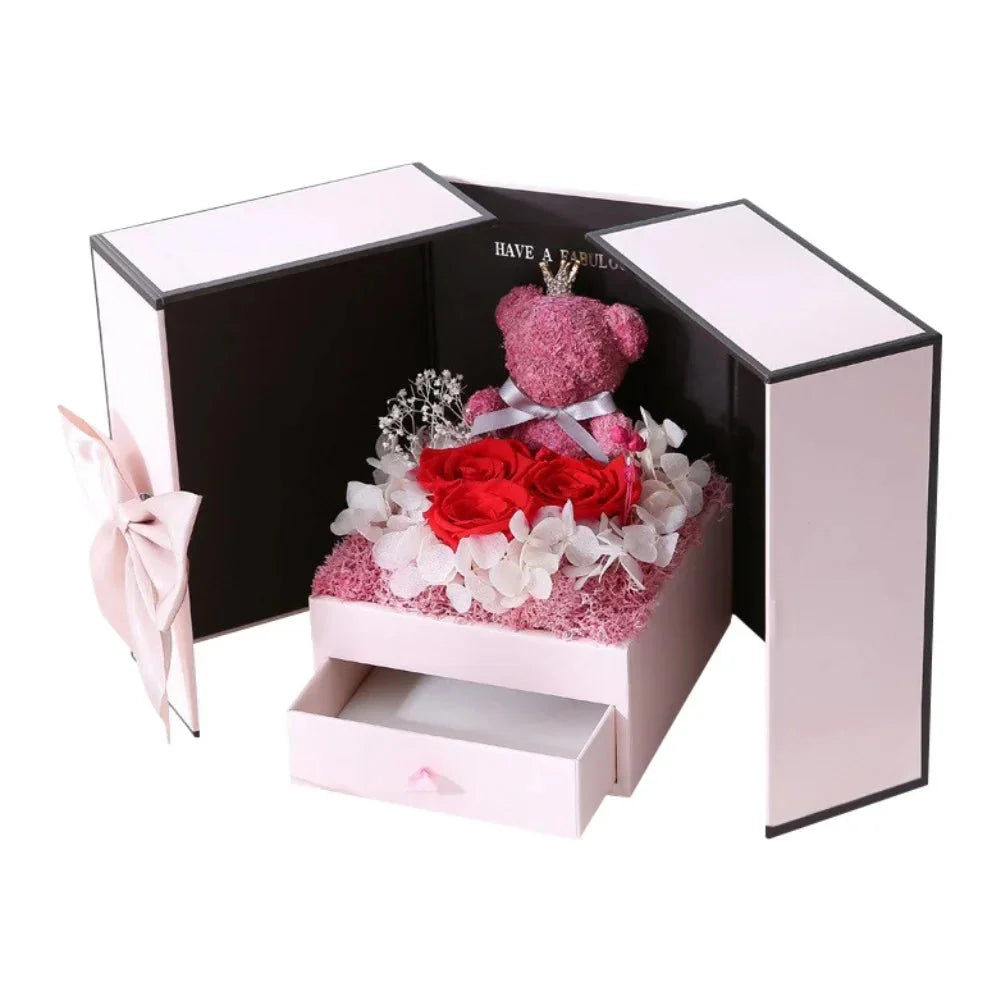 Rose Bear Gift Box with Eternal Rose and Necklace