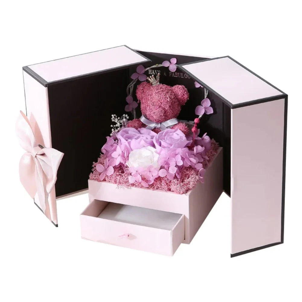 Rose Bear Gift Box with Eternal Rose and Necklace