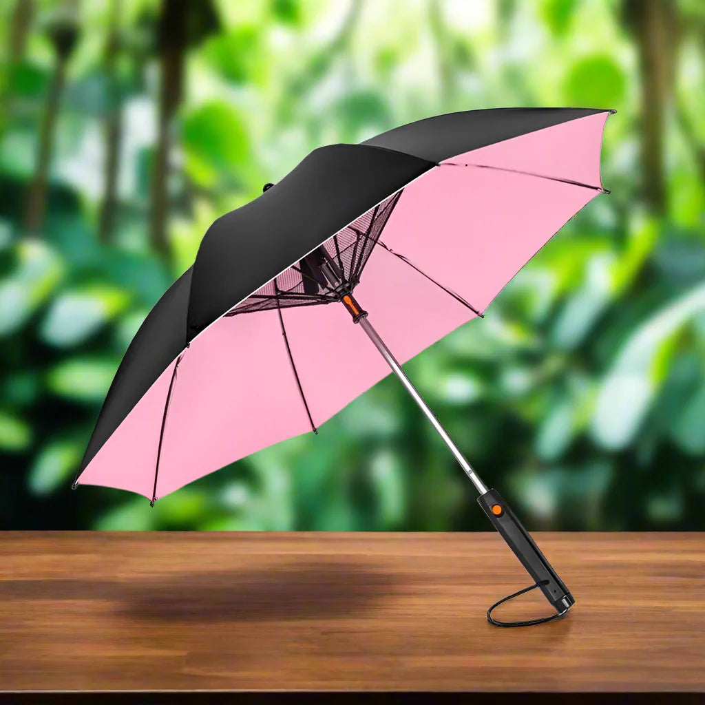 🌞 3-in-1 Cooling Sun Umbrella – Built-in Fan, Water Mister & UV Block
