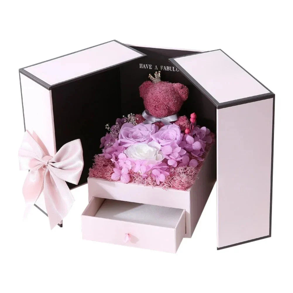 Rose Bear Gift Box with Eternal Rose and Necklace