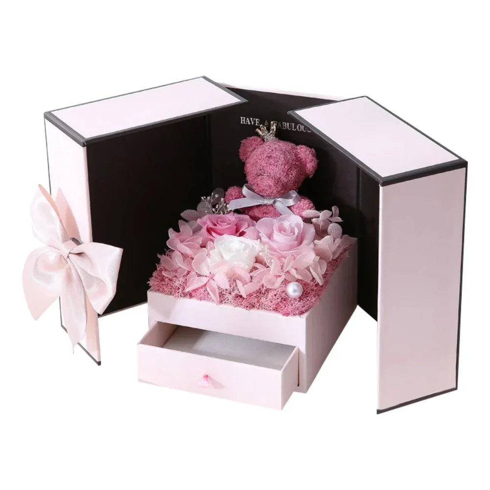 Rose Bear Gift Box with Eternal Rose and Necklace
