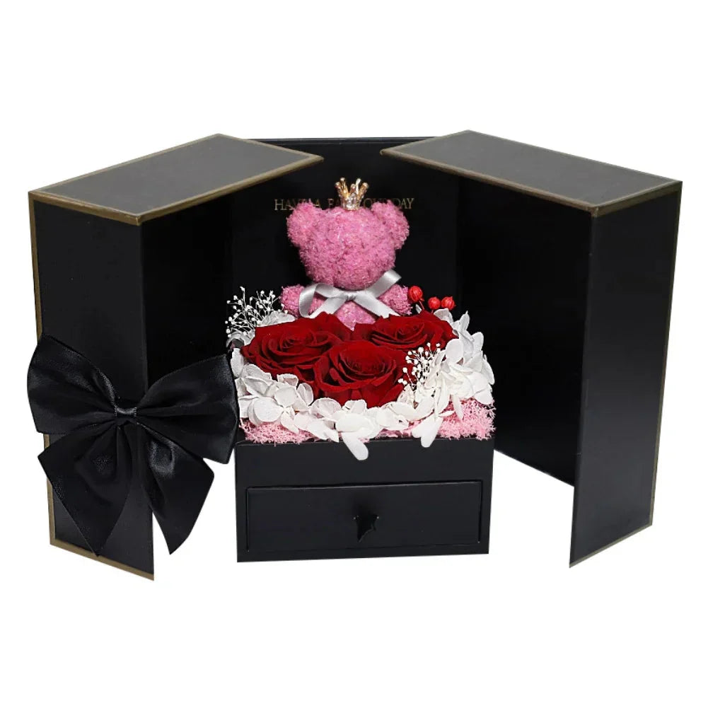Rose Bear Gift Box with Eternal Rose and Necklace