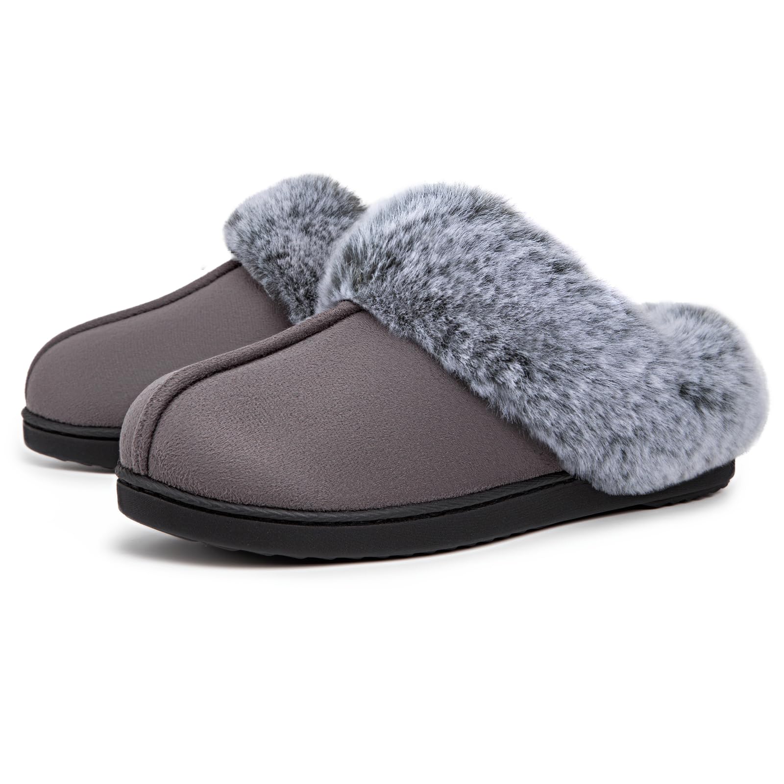 Women's Suede Memory Foam Slippers Anti-Skid Faux Fur Collar – Dark Grey UK 9/10
