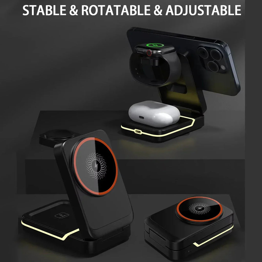 ⚡ 3-in-1 Magnetic Foldable Wireless Charger – MagSafe Travel Charging Stand