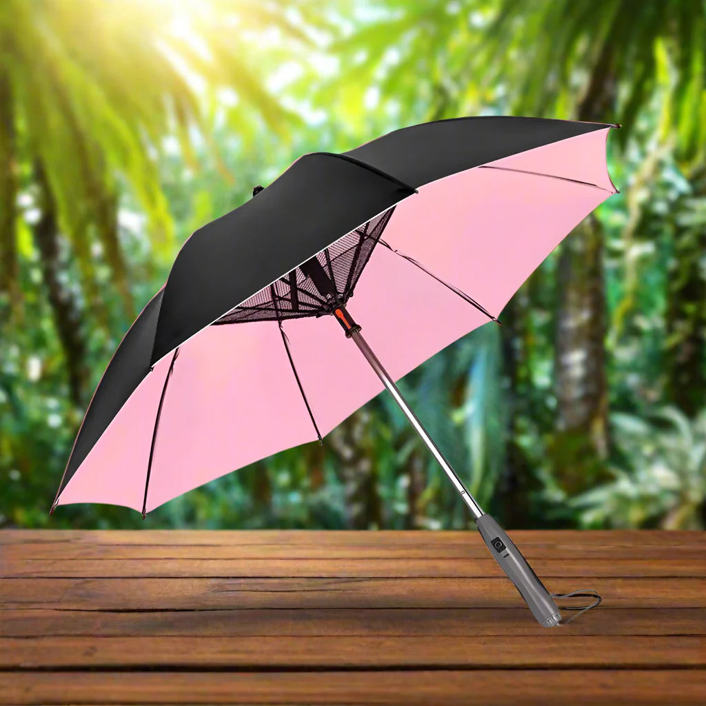 🌞 3-in-1 Cooling Sun Umbrella – Built-in Fan, Water Mister & UV Block