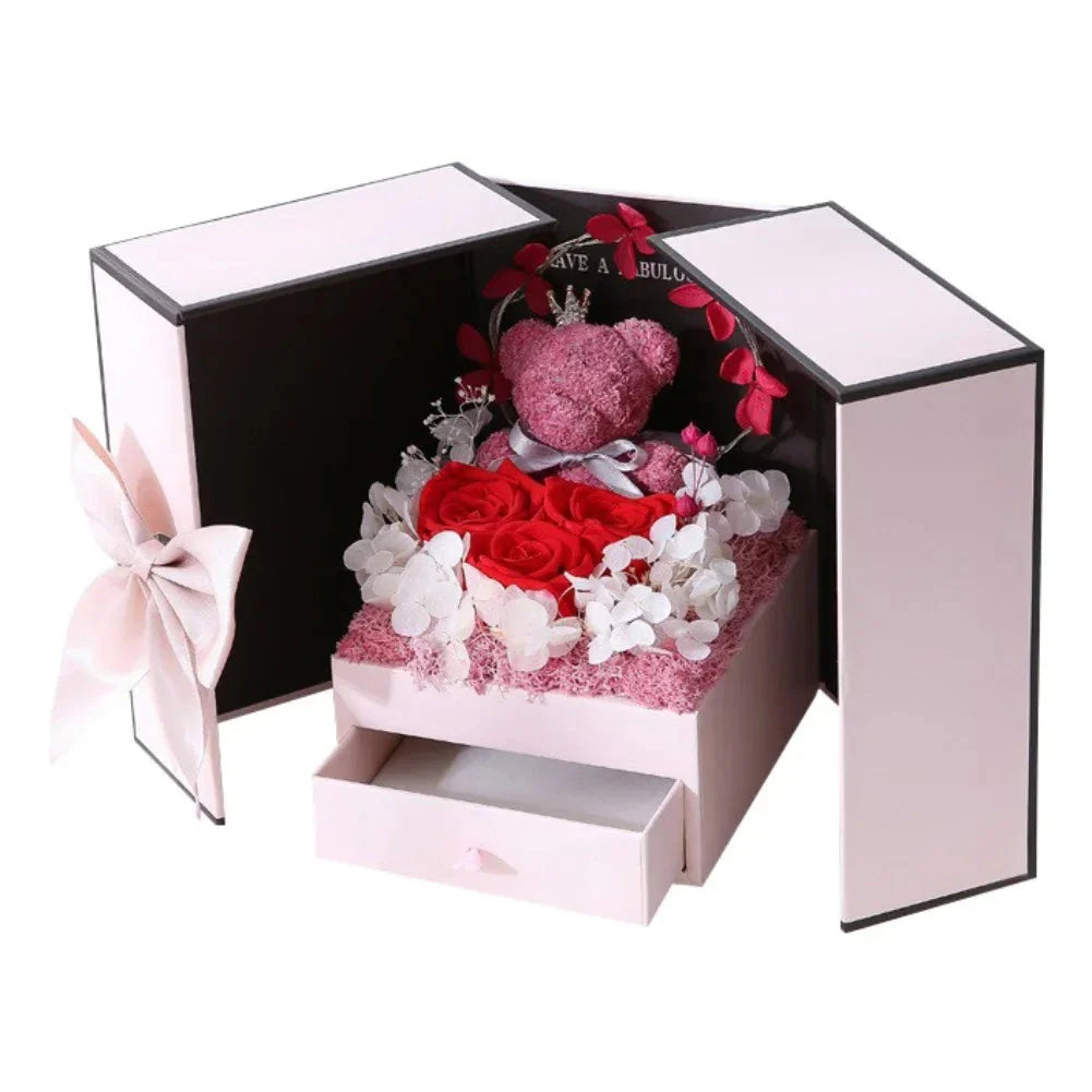 Rose Bear Gift Box with Eternal Rose and Necklace