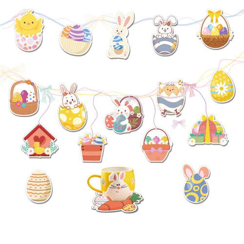 54Pcs Easter Colored Eggs Drinks Coasters Happy Easter Banner Hanging Swirl Decorations - Absorbent Coasters and Decor for Dual Use of Cup Mat and Decorations