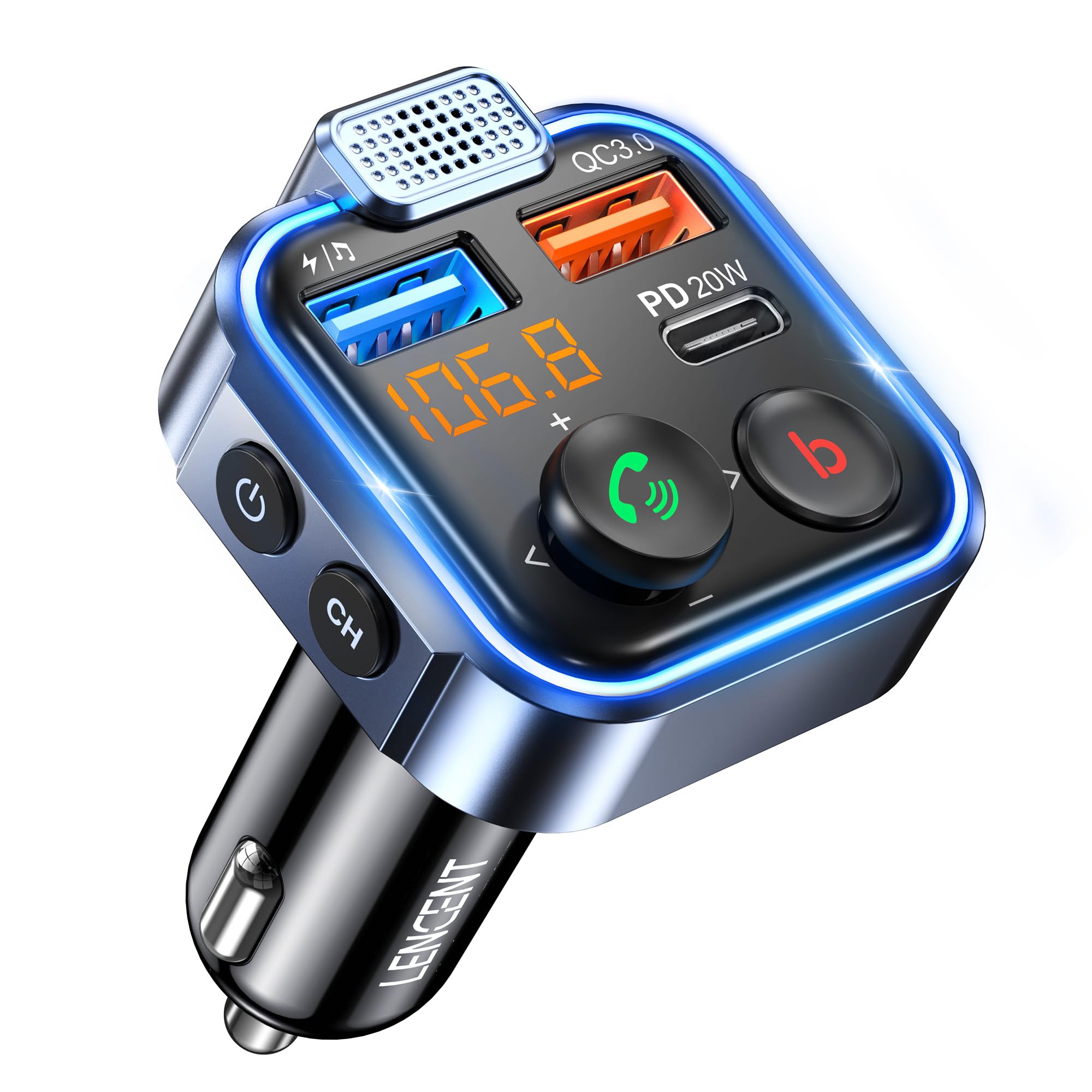 LENCENT Car FM Transmitter, Wireless Bluetooth 5.0 Radio Adapter Car Kit, PD3.0 Type C 20W+QC3.0 Car Fast Charger, Hands Free Calling, Bass Lossless Hi-Fi Sound Support U Disk