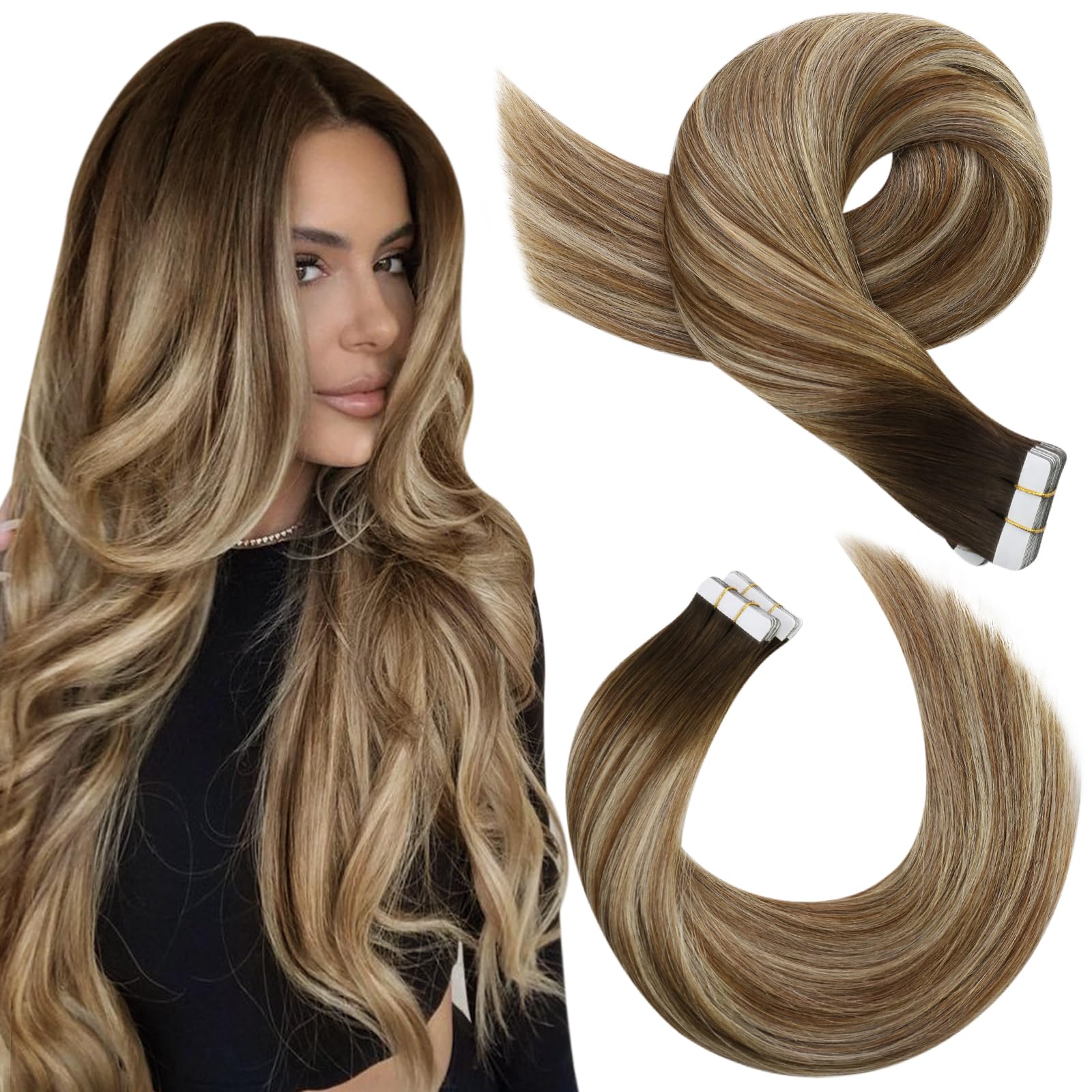 Moresoo Tape in Hair Extensions 18 Inch Dark Brown to Chestnut Brown Human Hair Extensions Tape in 20 Pieces/50g #4/6/613