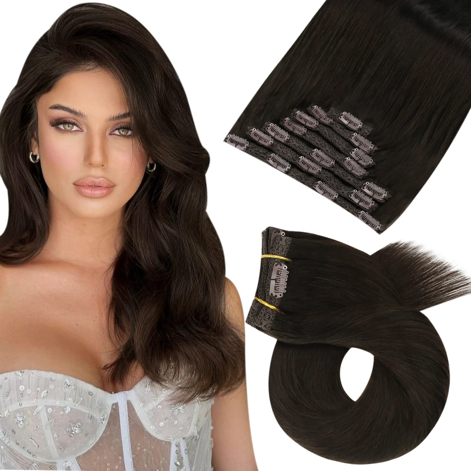 Moresoo Clip in Hair Extensions Real Human Hair Darkest Brown Human Hair Extensions Clip in Real Hair 16 Inch Clip in Human Hair Extensions 7 Pieces/120g #2