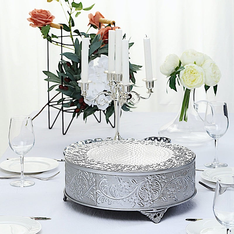 14 Inches Round Cake Stand With Embossed Floral Design Dessert Holder