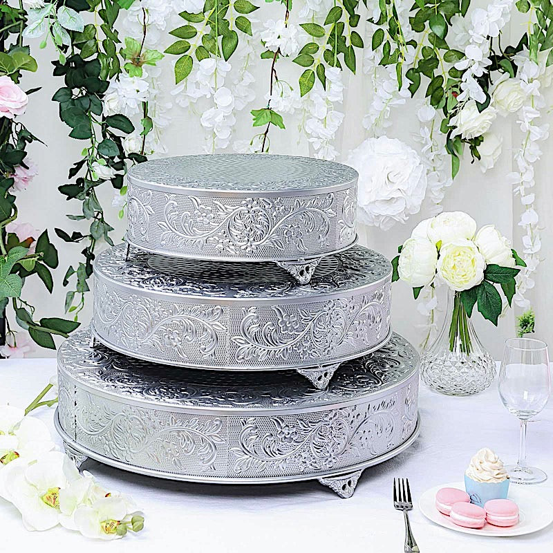 14 Inches Round Cake Stand With Embossed Floral Design Dessert Holder