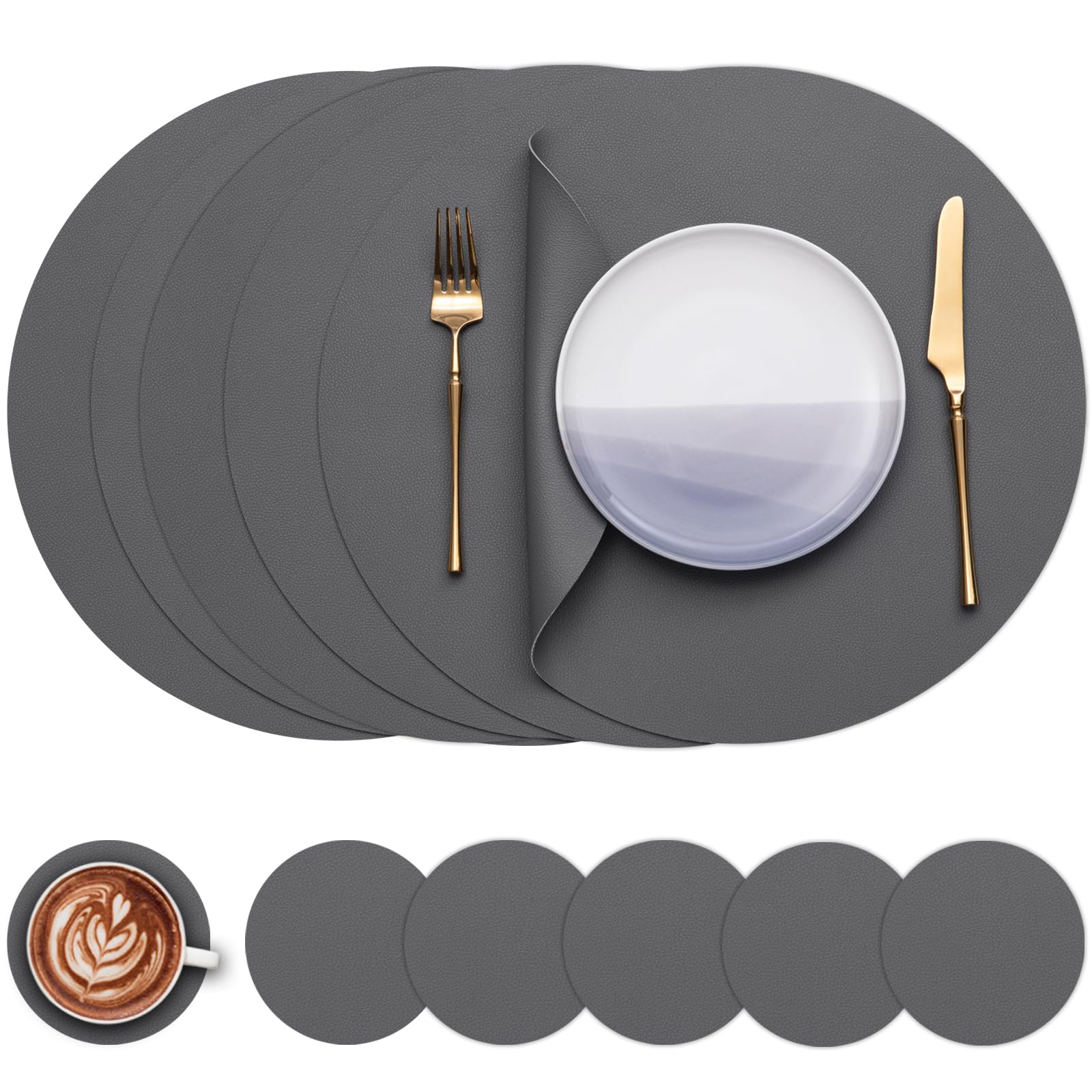 Round Placemats & Coasters Set of 6 Faux Leather 15in Dual-Sided Non-Slip – Grey