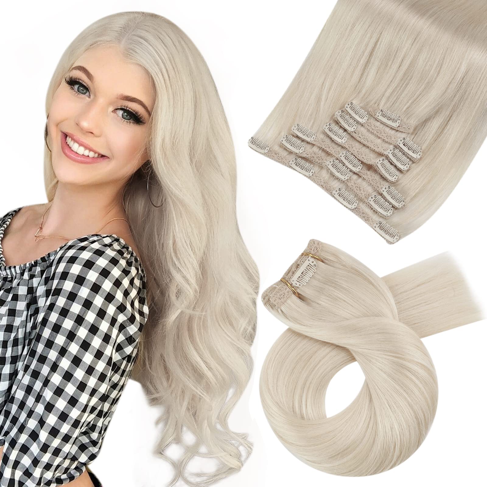 Moresoo Clip in Hair Extensions Real Human Hair Blonde Clip in Human Hair Extensions 18 Inch Platinum Blonde Remy Straight Hair 7 Pieces/120g #60