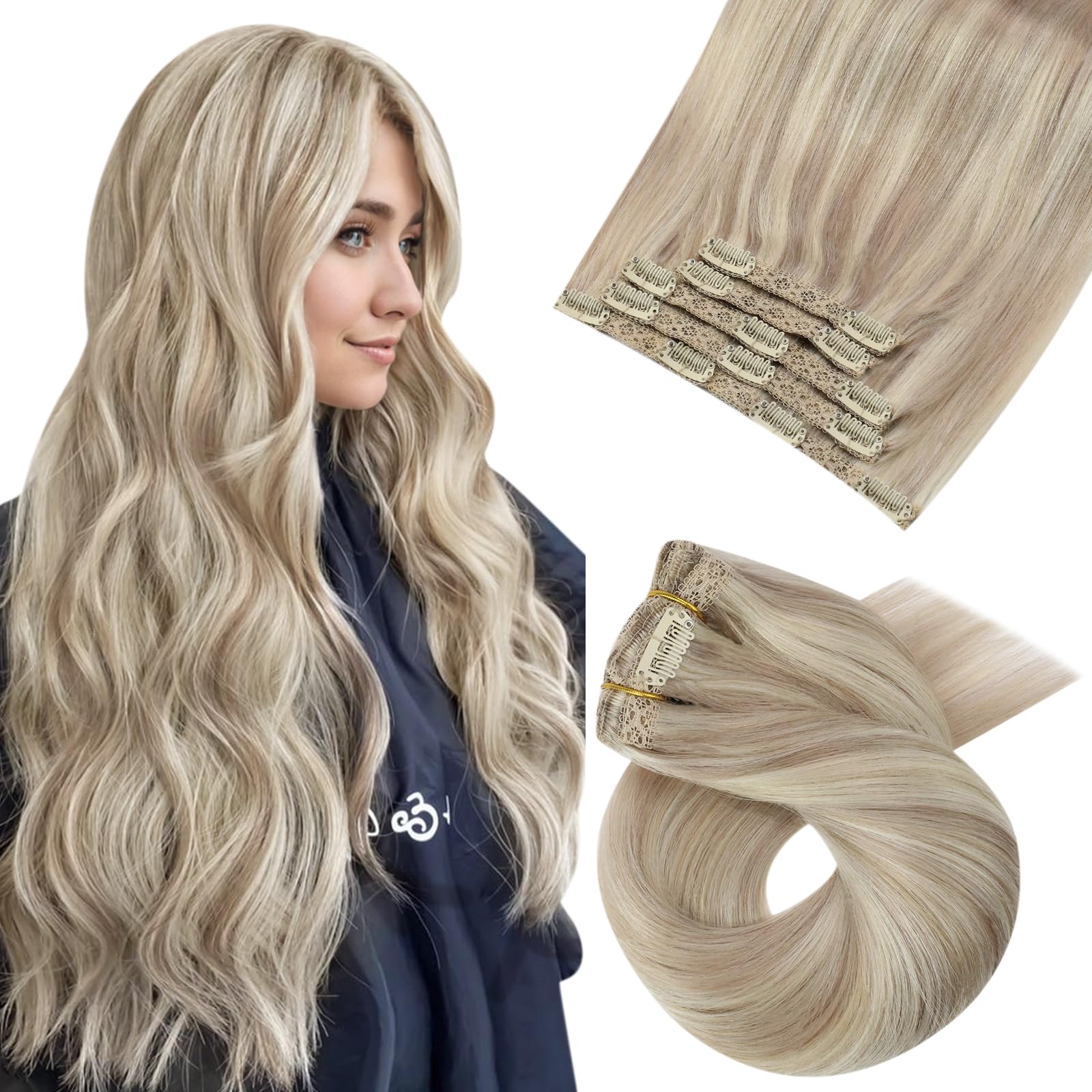 Moresoo Clip in Human Hair Extensions Blonde Real Hair Extensions Clip in Ash Blonde with Platinum Blonde Highlight Clip in Extensions 12 Inch 5 Pieces/70g #P18/613