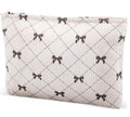 Corduroy Quilted Cosmetic Makeup Bag with Bow Diamond Pattern Zipped Toiletry Pouch – Cream