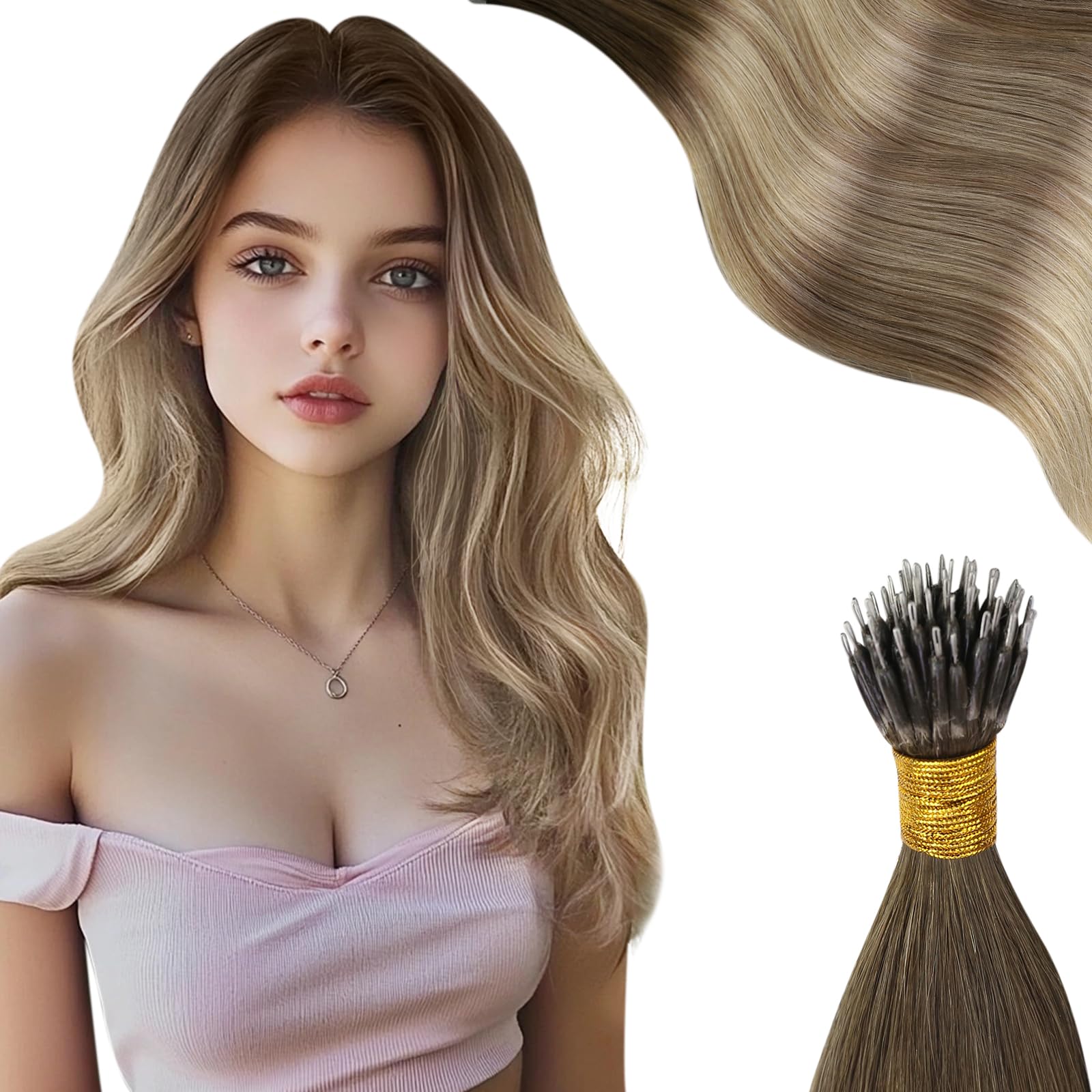 Moresoo Ombre Nano Hair Extensions Real Human Hair Dark Brown to Chestnut Brown with Medium Blonde Nano Beads Hair Extensions 20 Inch Balayage Nano Ring Hair Extensions 1g/s 50g/Pack #3/8/22