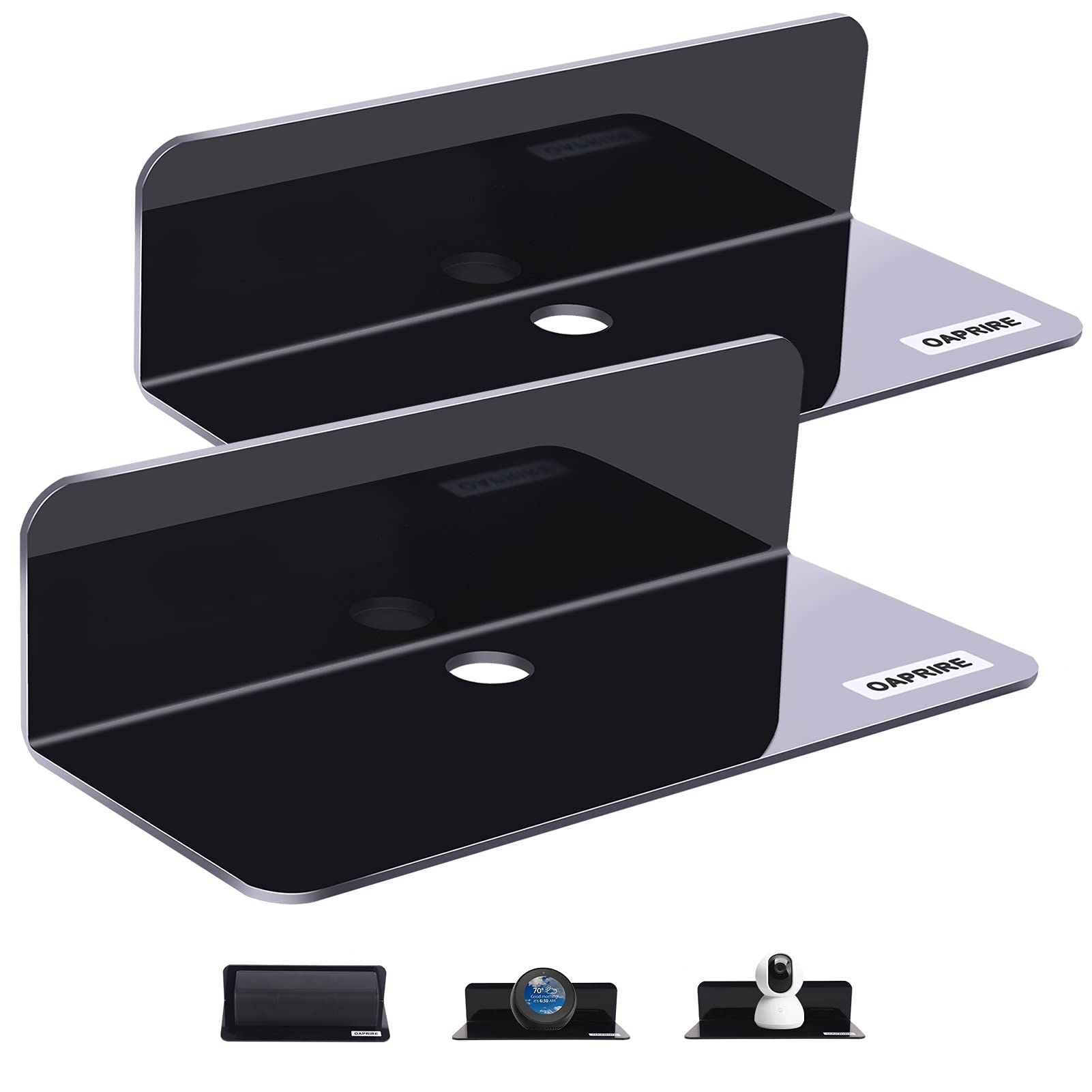 OAPRIRE Acrylic Floating Wall Shelves Set of 2, Damage-Free Expand Wall Space, Black Small Wall Shelf for Smart Speaker, Action Figures, Monitor with Cable Clips, Stick on, No Drill