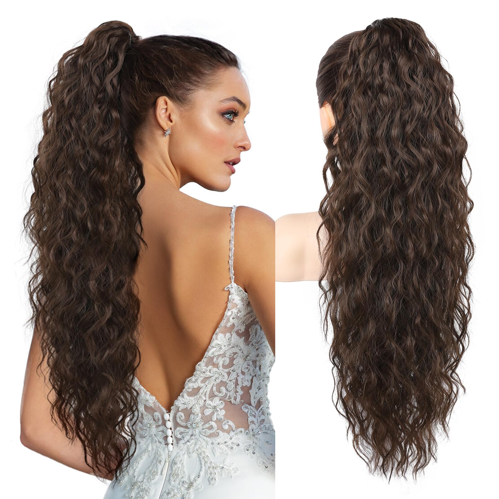 Clip-On Ponytail Extension 30in Curly Wavy Synthetic Hair Claw Clip – Dark Chocolate Brown