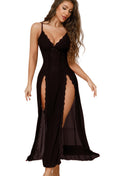 Women's Lace Babydoll Chemise Mesh V-Neck Long Nightdress – Black