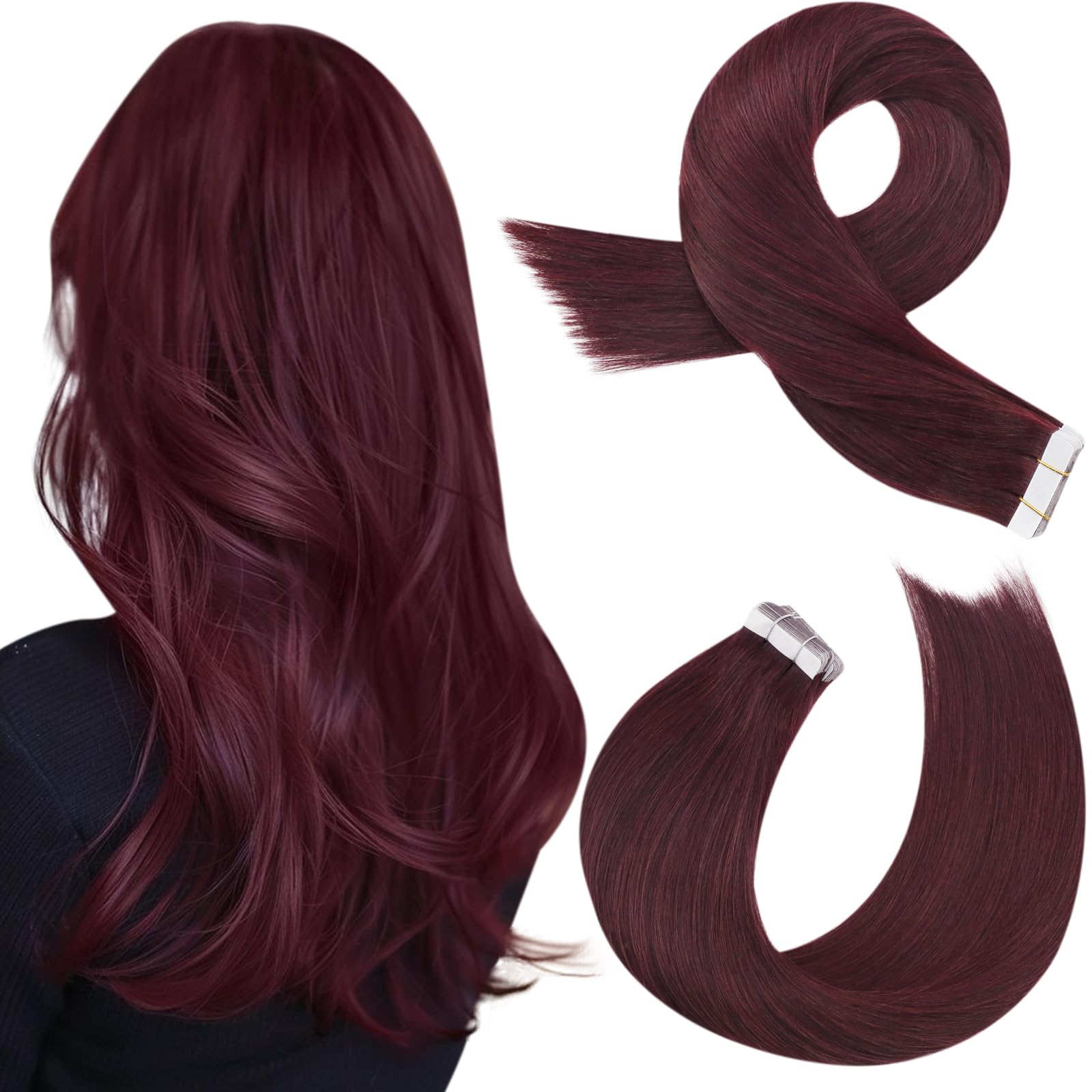 Moresoo Tape In Hair Extensions Remy Hair Extensions 24 Inch Color #99J Wine Red Hair Extensions Human Hair Silky Invisible Hair Extensions Real Human Hair 20 Pieces/Pack Total 50 Grams, 60 cm
