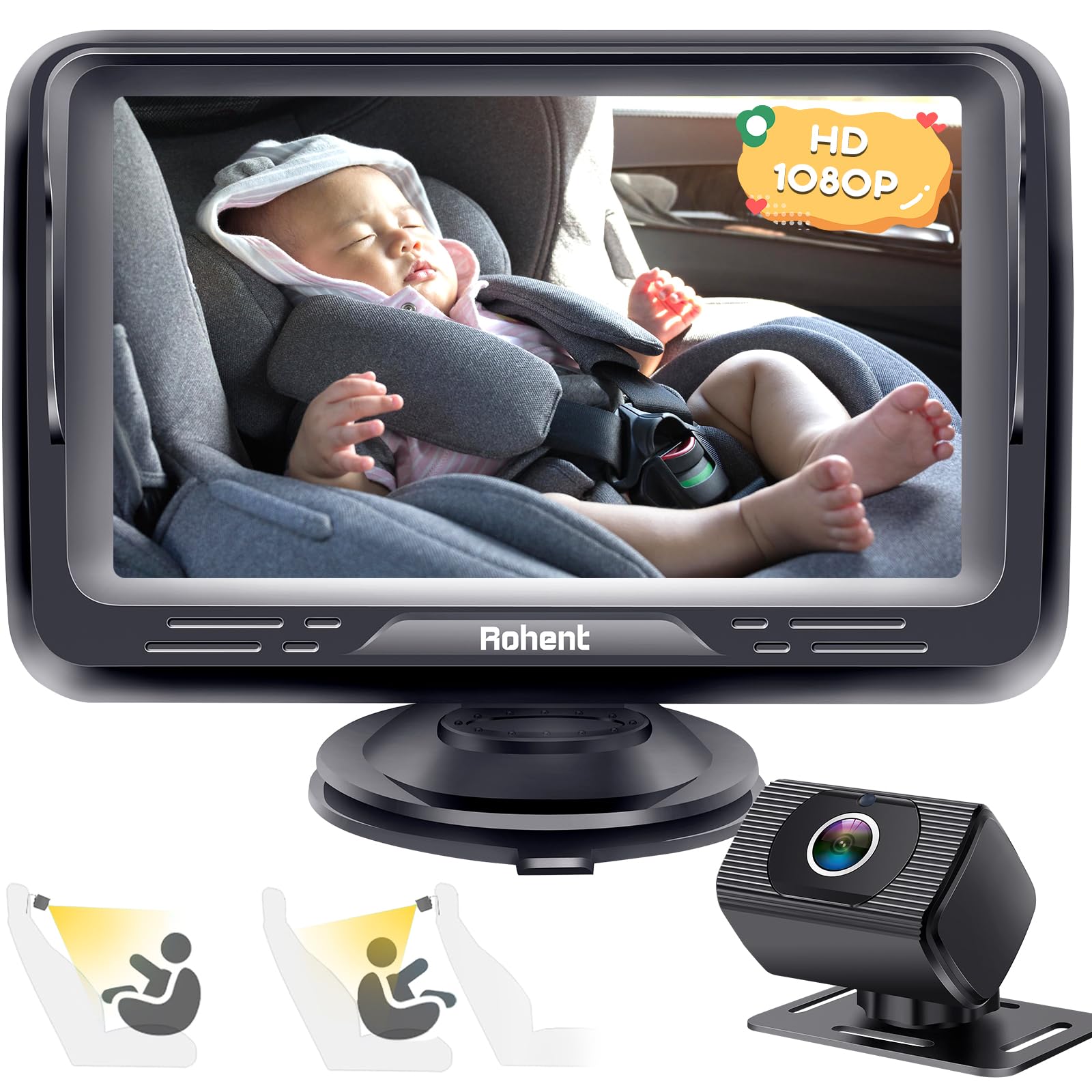 Baby Car Camera Easy Install: Eye Protection Clear Night Vision 360° Rotation Rear Facing Baby Car Mirror for Kids Baby HD 1080P 150° Wide View Stability Backseat Camera with Monitor - Rohent N06