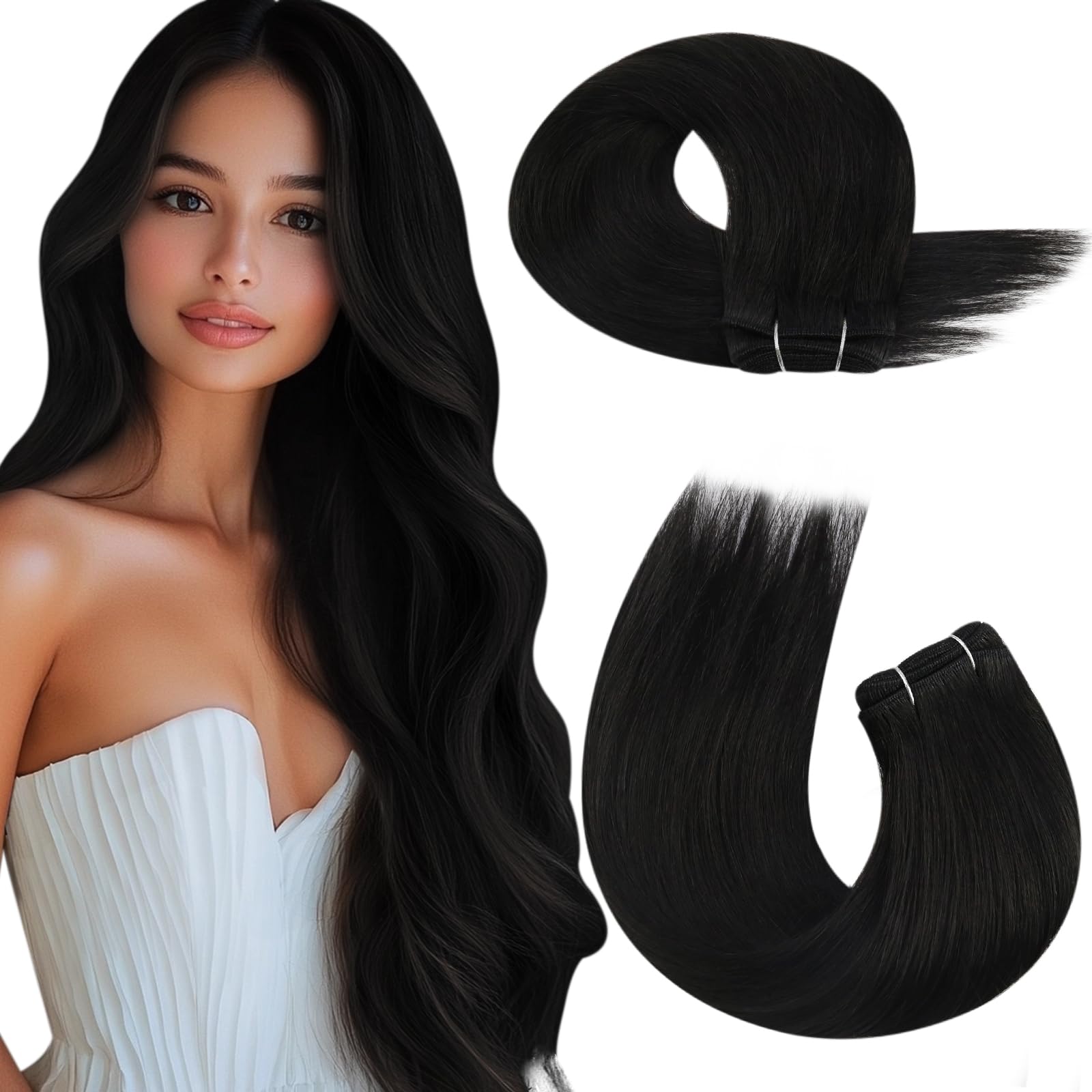 Moresoo Weft Hair Extensions Real Human Hair Black Sew in Hair Extensions Jet Black Double Weft Human Hair Extensions 20 Inch 100g/Pack